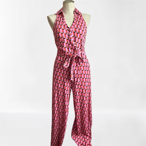 Diane Von Furstenberg Target Pink Geometric Print Halter Jumpsuit Size S - Picture 1 of 10